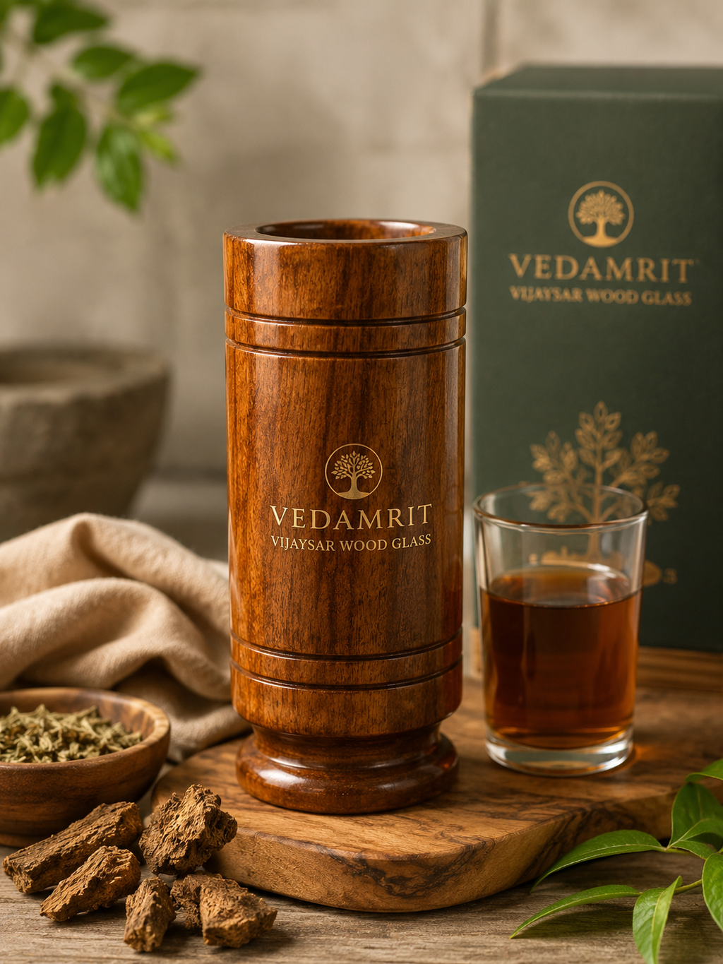 Vedamrit Vijaysar Wood Glass with packaging and herbs