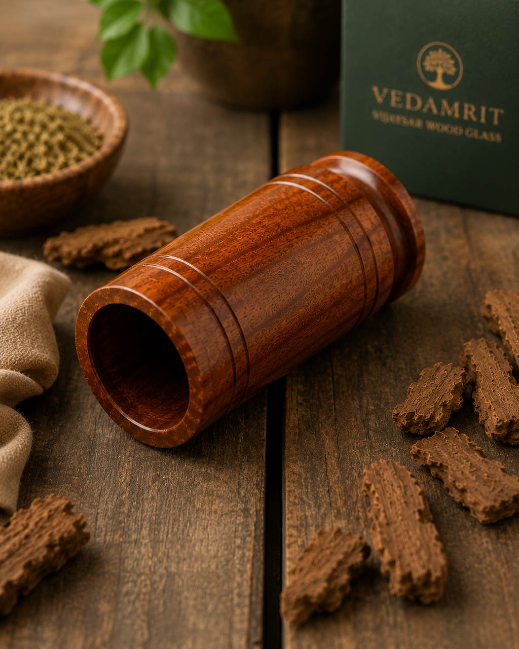 Vedamrit Vijaysar Wood Glass — close up wood texture