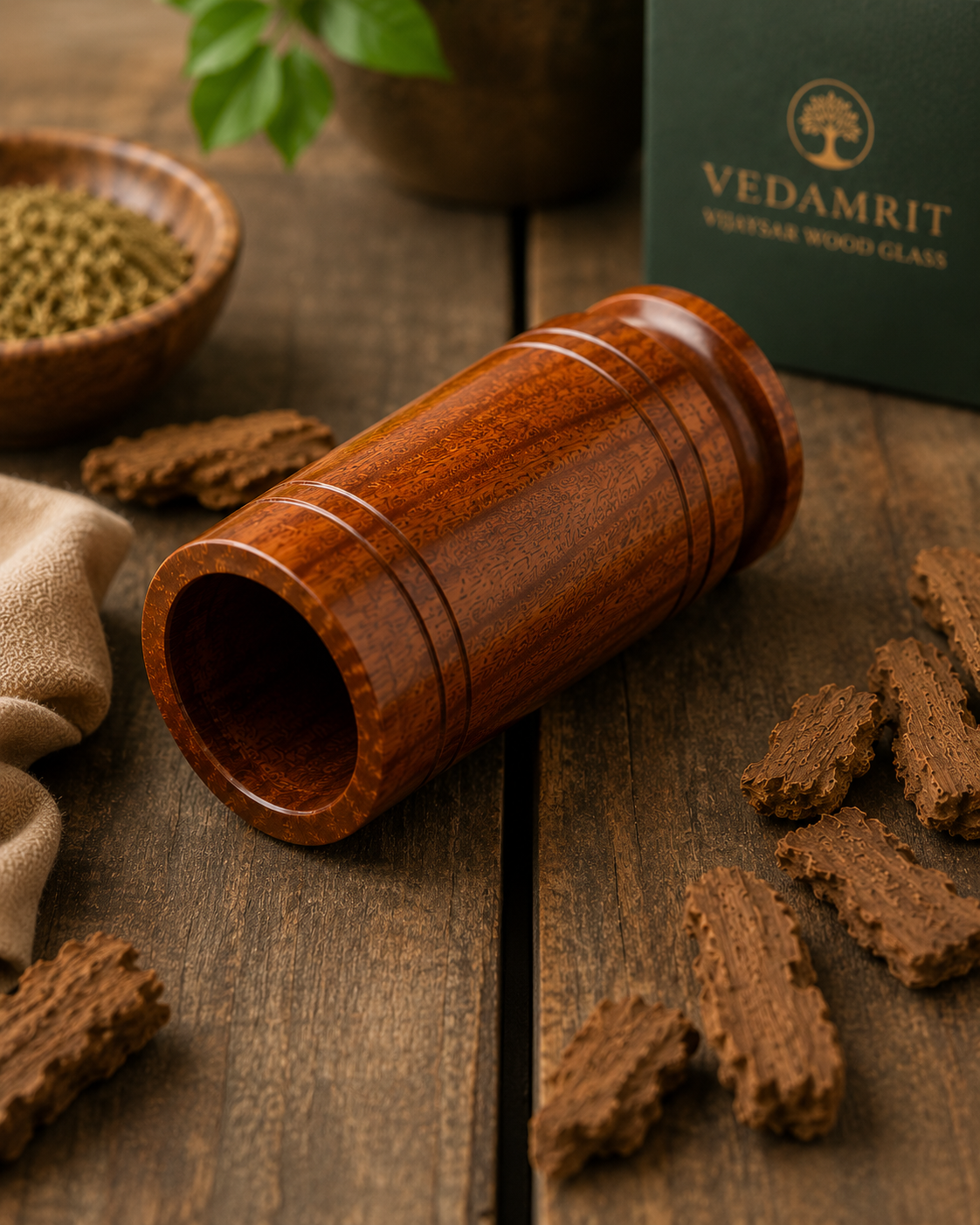 Vedamrit Vijaysar Wood Glass — close up wood texture