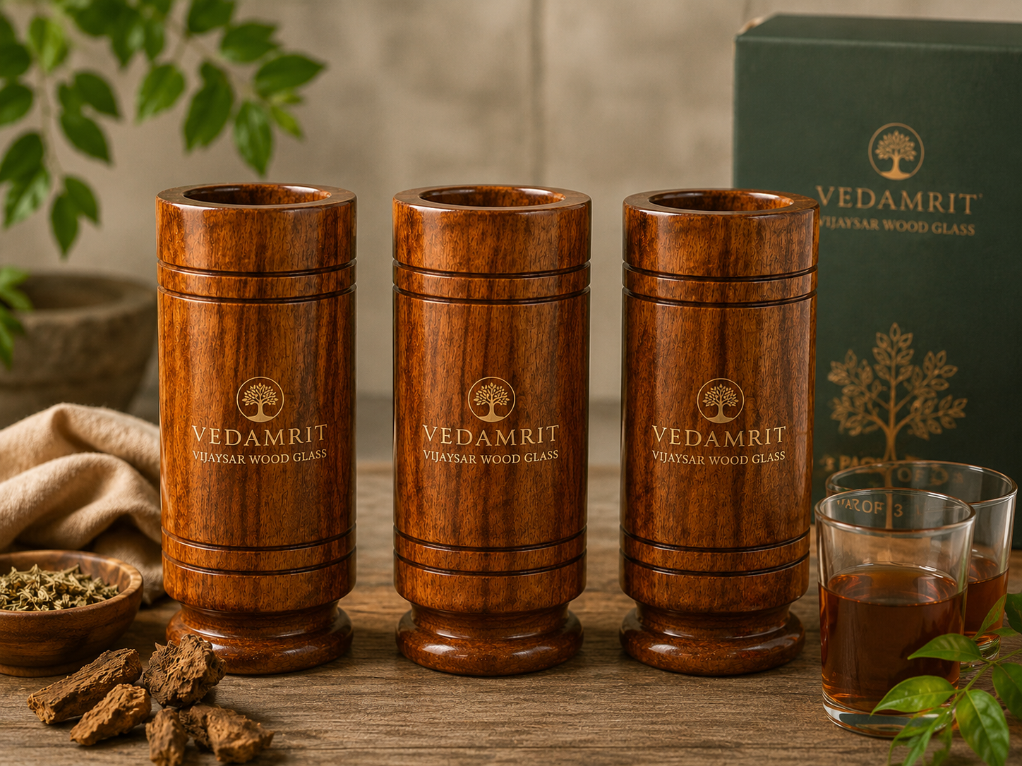 Vedamrit™ Premium Vijaysar Wood Glass – Pack of 3 | Authentic Ayurvedic Wooden Glass Set