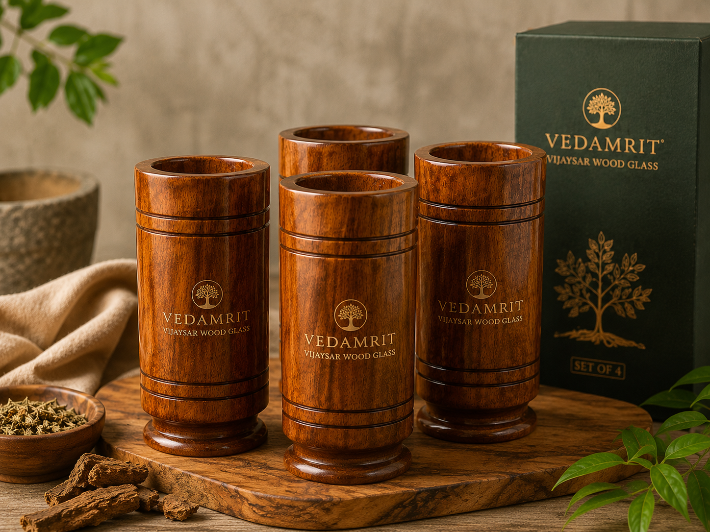 Vedamrit™ Premium Vijaysar Wood Glass – Pack of 4 | Family Value Combo | Authentic Ayurvedic Wooden Glass Set